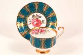 Paragon China Teacup & Saucer Set Green With Gold Gilt Rose Floral Design 1960s