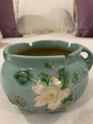 Vintage Roseville 653 - 4 Art Pottery White Rose Jardiniere Blue Green White 3