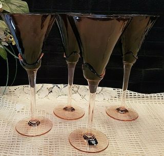 Vintage Set Of 4 Mikasa Amethyst Crystal Blossom Plum Champagne Fluted Glasses