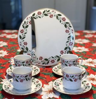 Royal Doulton " Holly " Cake Serving Plate,  Knife & 4 Cups & Saucers,  England