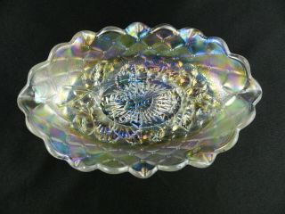Vintage Imperial Glass White Carnival Glass Oval Bowl 9 " Pansy Quilted Diamond