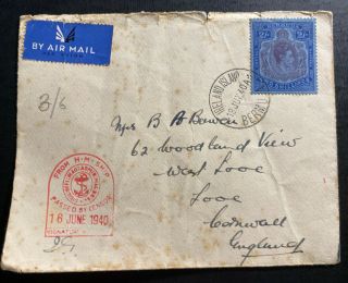 1940 Ireland Island Bermuda Airmail Censored Cover To England Hm Ship Sc 123