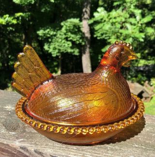 Vintage Indiana Depression Glass Amber Hen On Nest Candy Bowl Dish/butter Dish