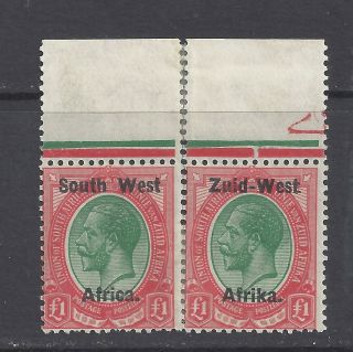 South West Africa 1923 £1 Green And Red Pair Setting I Hinged Sg 12