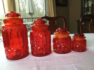Set Of 4 Vintage L.  E.  Smith Red Moon And Stars Canister Set