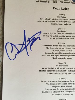 CODY JOHNSON Country Star SIGNED Autographed Dear Rodeo Lyric Sheet Proof 1 2