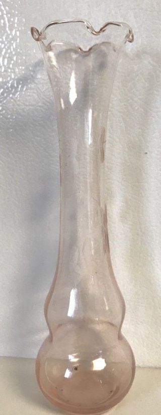 Pink Depression Glass Etched Flower With Leaves Bud Vase Scalloped Edge