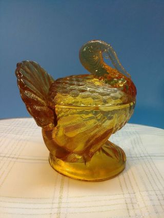 Vintage L.  E.  Smith Glass Turkey Covered Dish Gold Clear Color Glass 1940 