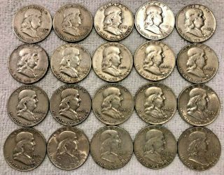 Franklin Half Dollar Roll Of 20 Different Dates & 90 Silver 50 Cent Coins