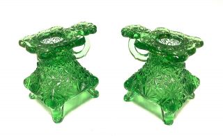Fenton Green Daisy & Button Candle Holders Finger Loop Pair