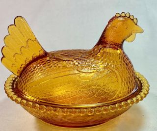 Vintage Indiana Glass Brown Amber Chicken Hen On Nest Candy Dish Bowl