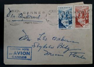 Rare 1948 France Airmail Cover Ties 2 Stamps Canc Cannes To Miami Usa