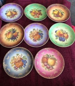 Set Of 8 Mitterteich Germany Bavaria Porcelain Fruit Plates Gold Pear Peach