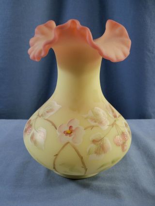 Fenton 1991 Burmese Glass Hand Painted Vase Raspberries Pink Flowers Limited Ed.
