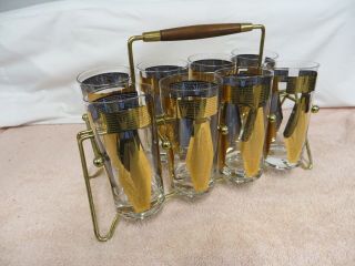 Vintage 1960s Set Of 8 Drinking Glasses / Tumblers In Metal Carrier - Mid - Century