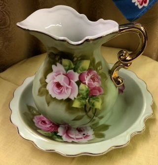 Vintage Lefton China Green Heritage Small Pitcher And Bowl Set 4578 Pink Rose