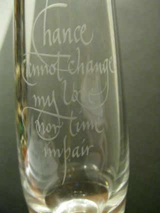 Mid Century Signed Steuben Glass Teardrop Bud Vase W Etched Verse Timeless Love
