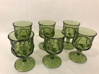 Set Of 6 Vintage Indiana Green Glass Kings Crown Thumbprint 4.  25 " Wine Goblets