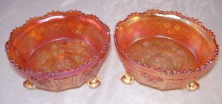 Antique Fenton Marigold Carnival Glass 2 Footed Bowls Butterfly & Berry Golden