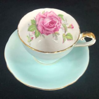 Vintage Aynsley England Large Pink Cabbage Rose Pastel Blue Cup Saucer