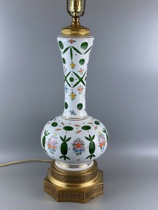 Vintage Bohemian Czech Moser White Cut To Green Table Lamp Floral