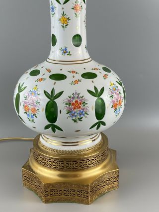 Vintage Bohemian Czech Moser White Cut To Green Table Lamp Floral 2