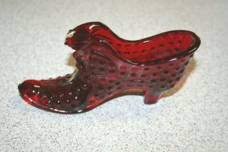 Vintage Fenton Ruby Red Glass Hobnail Cat In Slipper/shoe - Marked Paper Label
