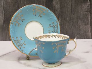 Aynsley Turquoise Blue Gold White Teacup Saucer Swirl Bone China England Tea Cup