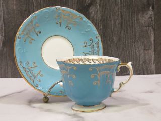 Aynsley Turquoise Blue Gold White Teacup Saucer Swirl Bone China England Tea Cup 2