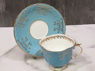 Aynsley Turquoise Blue Gold White Teacup Saucer Swirl Bone China England Tea Cup 3