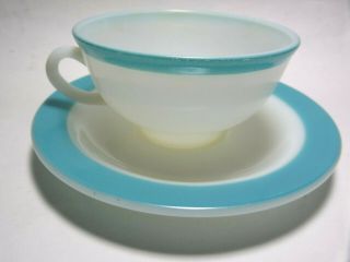 Vintage Pyrex Aqua Spray Border Cup & Saucer Set Turquoise Blue Tea / Coffee Euc