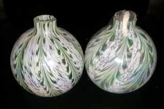 2 Vintage Murano Art Style Glass Blown Oil Lamp Iridized Greenmulti - Color 4 " Ball