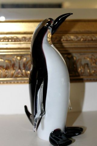 Murano Glass Black White 7 " Tall Penguin With Clear Flippers Italy