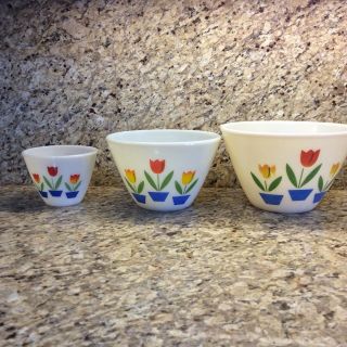 Three Fire King Nesting Bowls Tulips By Anchor Hocking In.