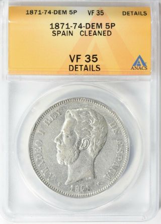 Spain 1871 (74) - De M 5 Pesetas Anacs Vf - 35 Details Silver Coin