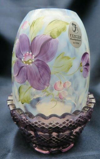 Fenton Glass Purple Fairy Lamp W Hand Painted Flowers & Diamond Optic Signed