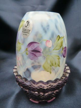 Fenton Glass Purple Fairy Lamp w Hand Painted Flowers & Diamond Optic Signed 3
