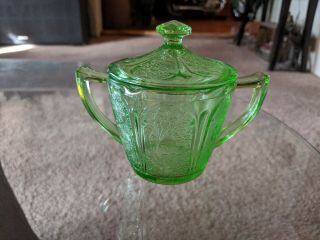 Uranium Depression Glass,  Sugar Bowl,  Green In Color.