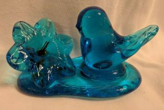 Leo Ward Cobalt Bluebird Of Happiness With Flower Signed Etched On Bottom 1995