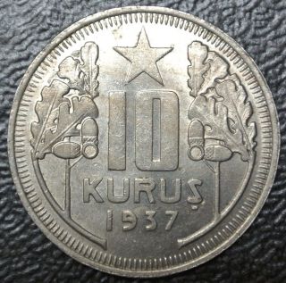 1937 TURKEY - 10 KURUS - COPPER - NICKEL - DETAILS 2