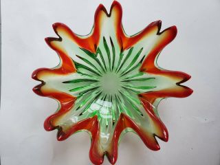 Murano? Glass Green/red Bowl/ashtray Flowered Shape Very Pretty Bright Colors