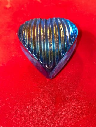 Robert Held Studio Art Glass Paperweight Heart,  Blue Iridescent Lines & Grooves