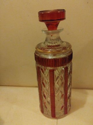 Vintage Bohemian Czech Cranberry Red Cut To Clear Liquor Decanter Stopper 10 "
