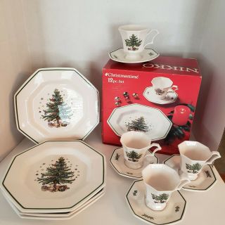Nikko Christmastime 12piece Place Setting Dinner Plates Cup Saucer Octagon Tree