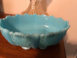 Vintage Blue Milk Glass Oval Bowl with Button Diamond Design Scalloped Edge 2