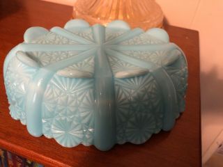 Vintage Blue Milk Glass Oval Bowl with Button Diamond Design Scalloped Edge 3