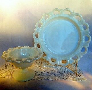 Anchor Hocking Lace Edge Milk Glass 8 " Salad Plate And Small 5 " Pedestal Compote