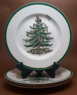 Set Of 4 Spode Christmas Tree 10 3/8 " Dinner Plates England S3324 Green Trim Exc