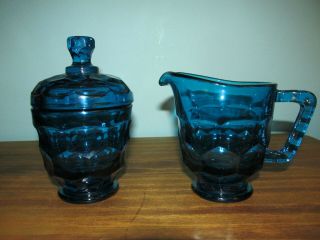 Vintage Bright Blue Glass Creamer & Sugar Set Unique Honeycomb Pattern