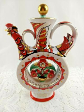 Russian Lomonosov Imperial Porcelain Tea Pot Rooster Pattern Ornate Gold Details